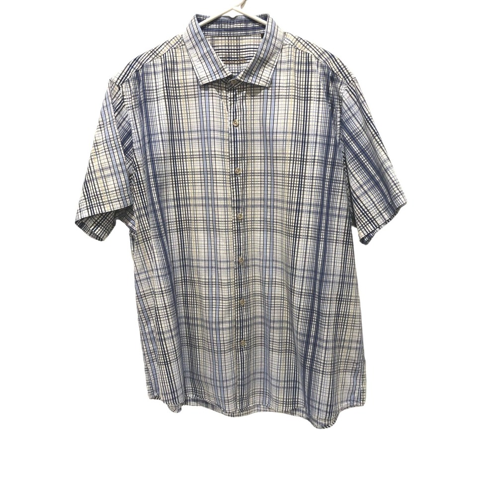 Tasso Elba Mens Blue Plaid XXL Short‎ Sleeve All Cotton Shirt